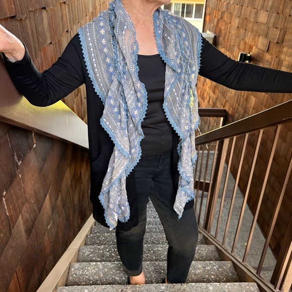 Scarf-Powder Blue lace ruched oblong scarf, 70” - Picture 4 of 10